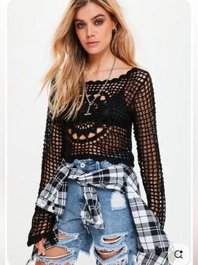 Missguided Black Crochet Open-Weave Long Sleeve Top